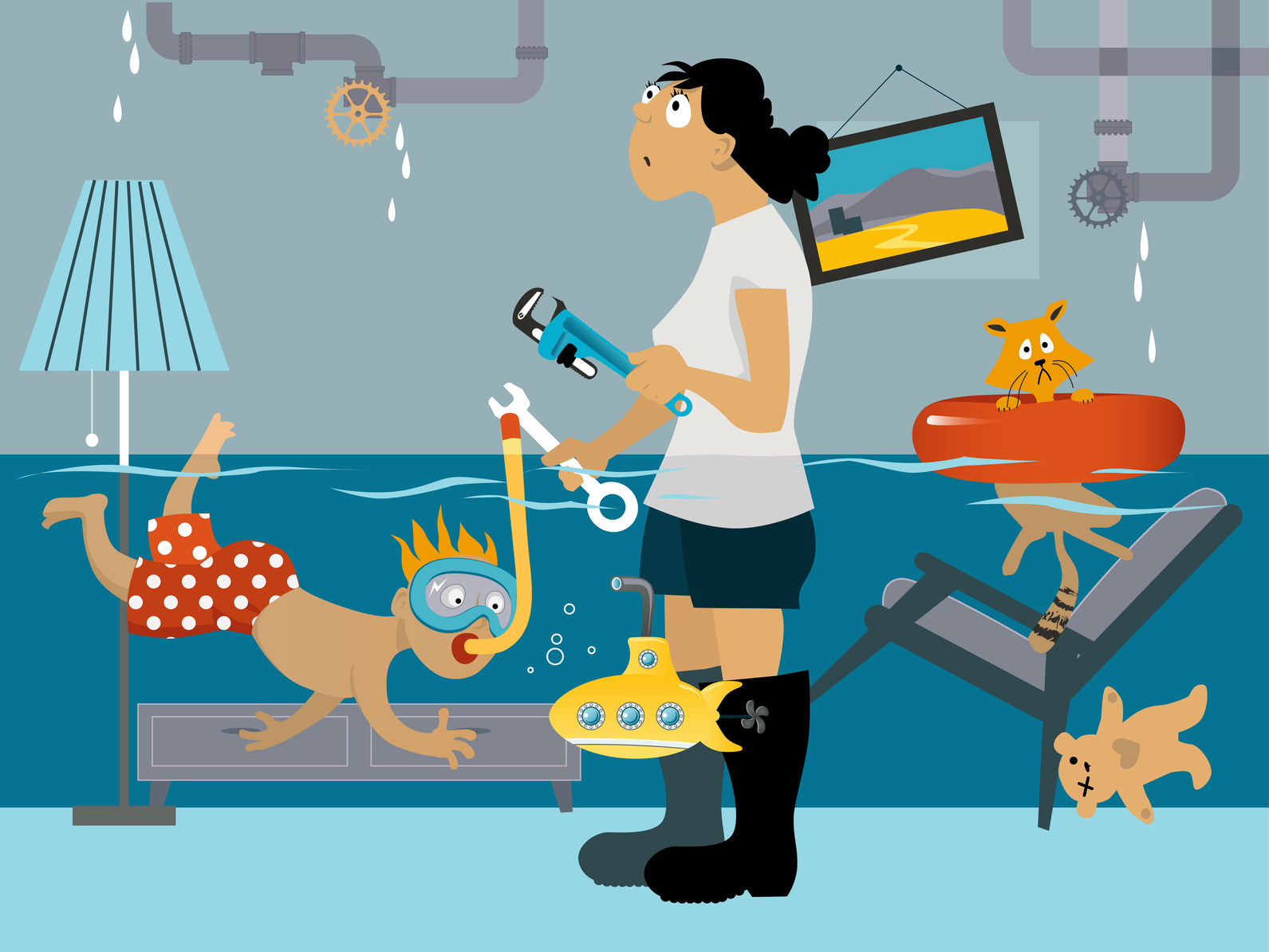 Kid snorkeling in a flooded room, his mother looking at the leaking plumbing, EPS 8 vector illustration